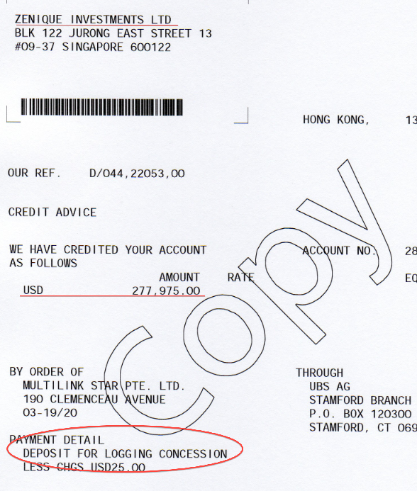 Payment by timber tycoons to Chia's front company Zenique Investments were marked as being for timber concessions!