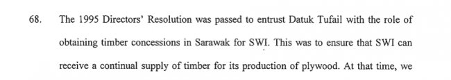 Penerang ari Ting Check Sii, madahka Tufail semina bekereja ngulihka lisin kayu batang enggau mudah ari Taib ke guna kompeni SWI (Sanyan Wood Industries)