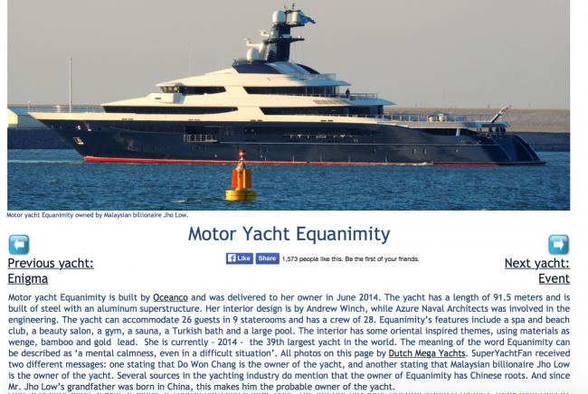 Jho Low is believed to have taken delivery of Equanimity , the world's 34th biggest yacht in July 2014