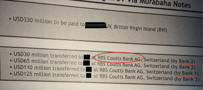 Semua duit dipindahka ngagai akaun RBS Coutts enggi Good Star, nitihka surat-surat penerang (nama kod dipelalaika)