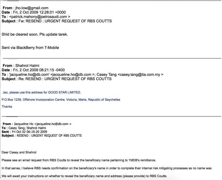 Sharhol Halmi told banking executives that the owner of the account was Good Star and Jho Low (who had been back copied) then wrote to PetroSaudi director Patrick Mahony to assure that all would soon be cleared