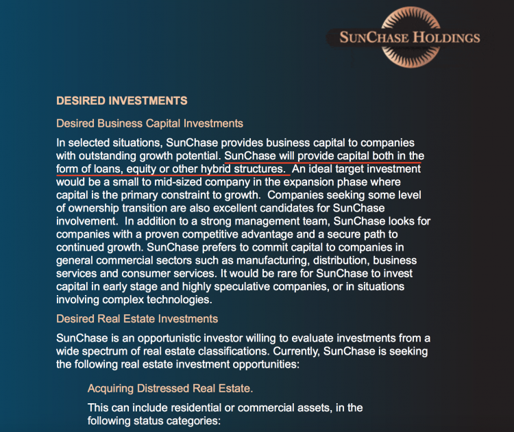 Still an eye out for 'distressed real estate', but also interested in financing promising businesses in other fields