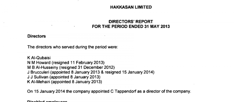 Jim Sullivan was a Board Member and legal counsel of Hakkasan throughout 2013 until he resigned in May 2014