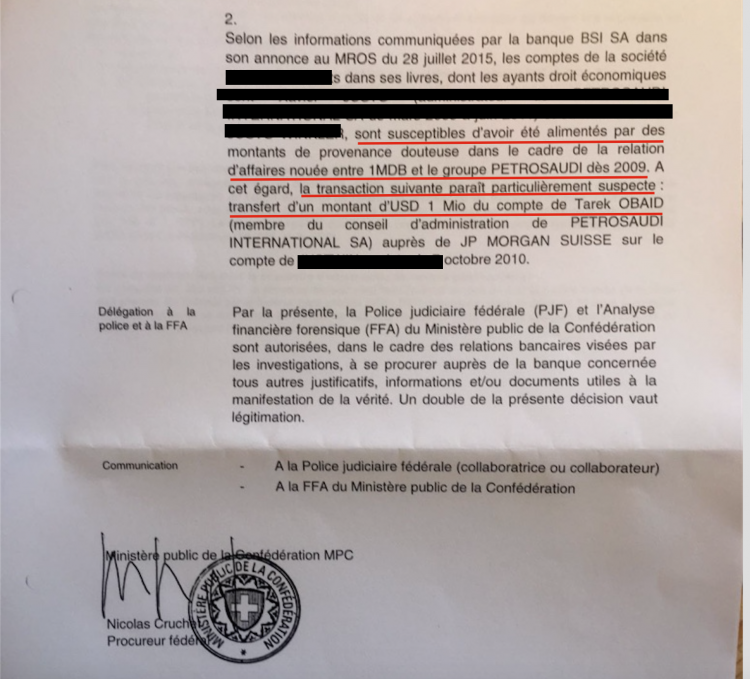 Signed by Swiss prosecutors - money received by PetroSaudi from 1MDB in 2009 is considered of suspicious origin and a payment from Tarek's account is regarded particularly suspicious...