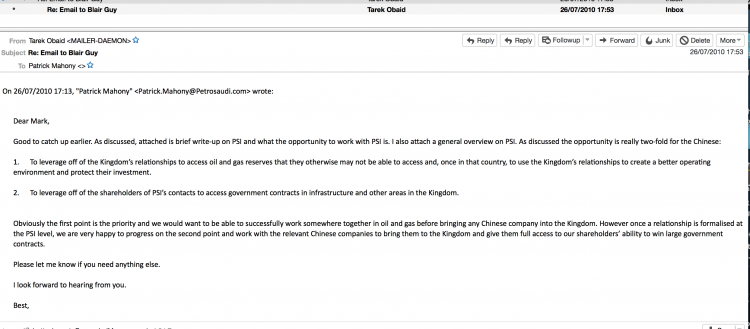 Email from PSI Directors to Tony Blair's staff