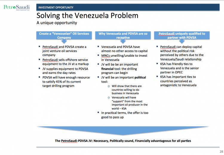 Shades of 1MDB - Investors were told that PetroSaudi brought the diplomatic muscle of Saudi Arabia into the contract with PDVSA