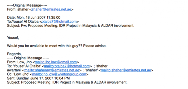 Jho's initial approach was to get Otaiba to engage Abu Dhabi's Aldar Properties in for exclusive access to Iskandar Development Region, guaranteed by his own political connections in Malaysia