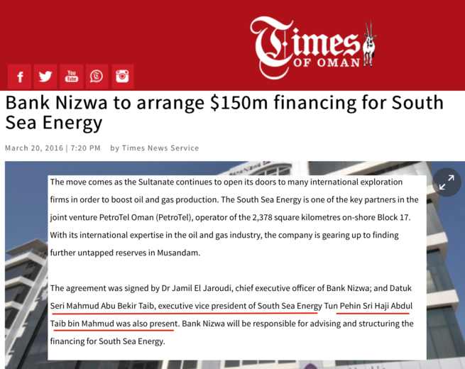 Governor Taib accompanied son Abu Bekir as Executive Vice President of South Sea Energy to raise $150 million loan in Oman