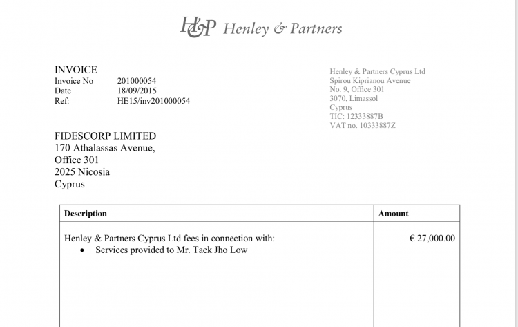 'Third party' referral fees paid by local Cypriot agency Fidescorp Ltd to H&P totalled €54k - 70% of the total of €80k charged to Jho Low