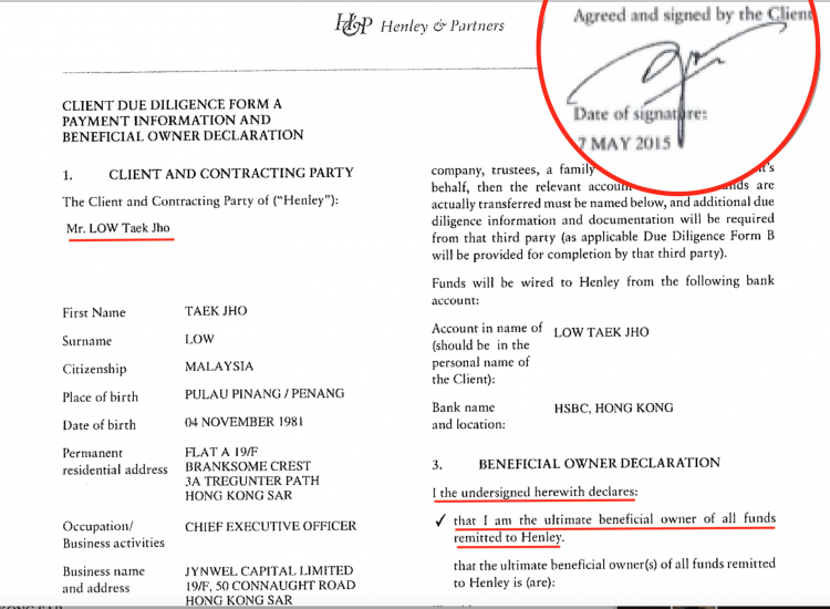 Jho Low's recognisable signature was on the Client Agreement on the H&P form