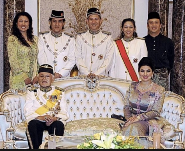 Facade of unity? Taib's four children and Hannah Taib's spouse line up behind the Governor and his decades younger wife.